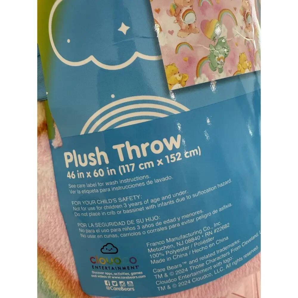 Care Bears Plush Throw Blanket 46x60 Pink Rainbow Hearts Super Soft NWT Franco
